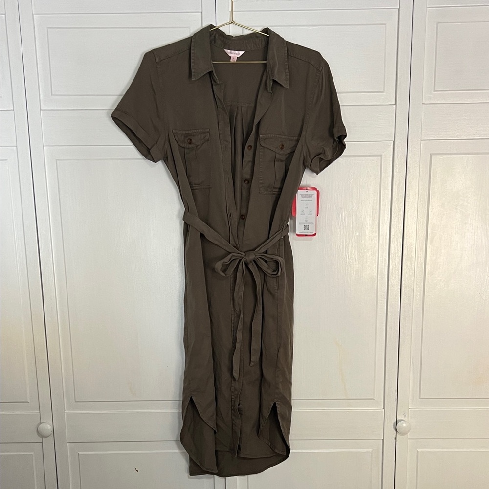 Midi Dress with Tie Belt - Olive Green